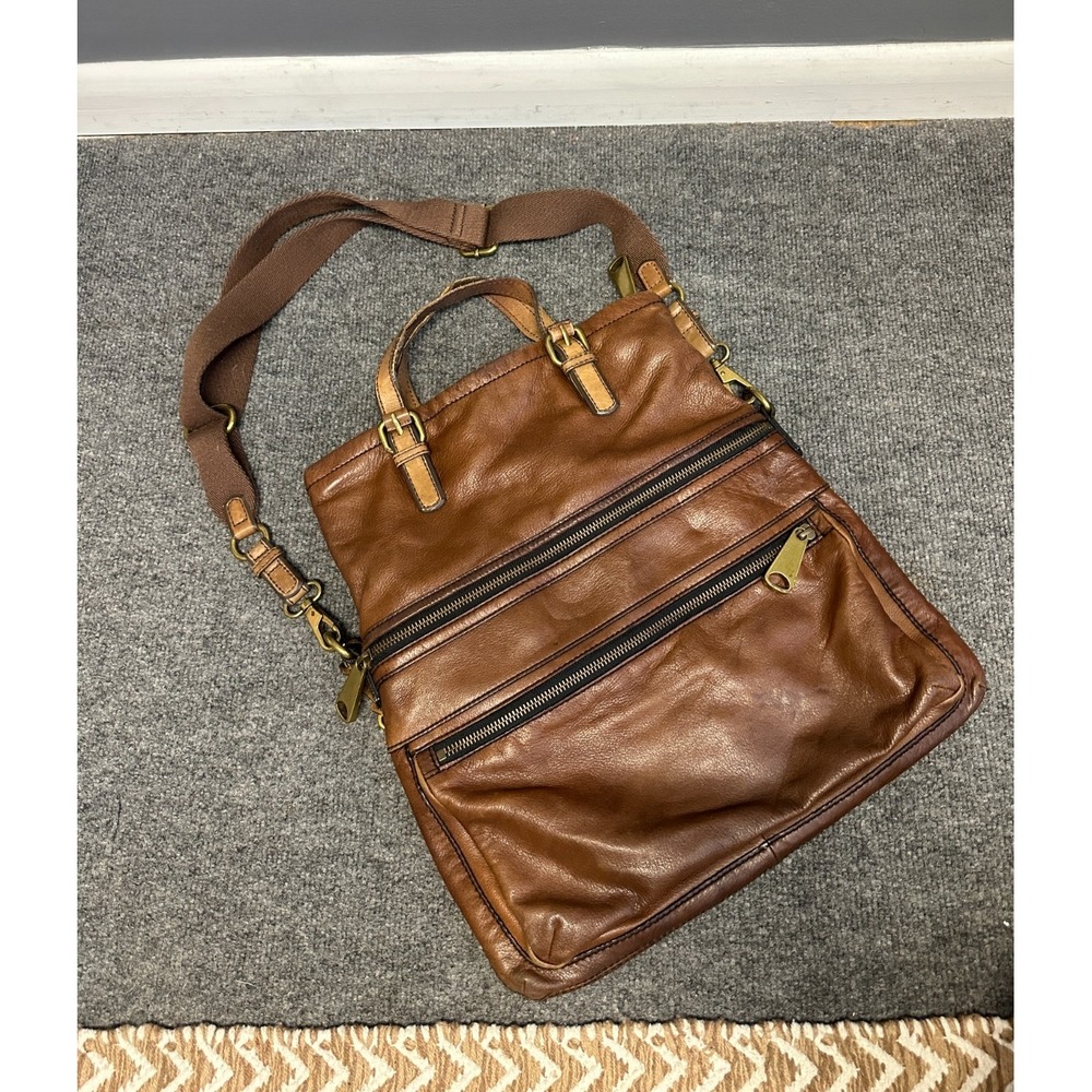 Fossil Explorer Crossbody Tote Brown Leather Satchel Hobo Shoulder Bag Fold Over